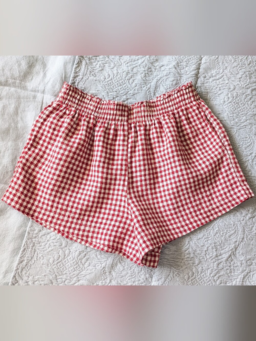 Reformation Red & White Gingham High Rise Elastic-Waist Shorts